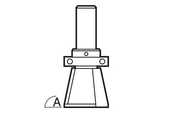 Diagram showing how to measure the angle of the cutting edge on an undercut bevel router cutter