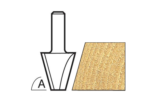 Diagram showing how to measure the angle of the cutting edge on a bevel router cutter