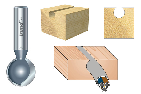 A ball groover router cutter with examples of the channels it can create in a workpiece