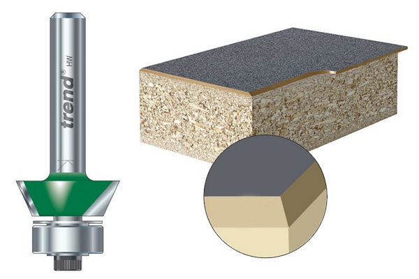 Image showing how a bevel trimming cutter creates an angled edge on a workpiece