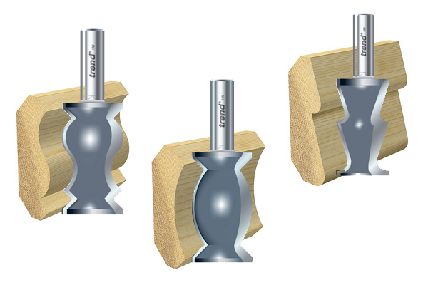 Cornice moulding router cutters and an example of the shape they can create on a wooden edge