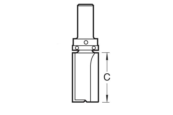 Diagram showing how to measure the length of the cutting edge on trimming and profiling routers