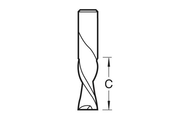 Diagram showing how to measure the length of the cutting edge on a spiral router cutter