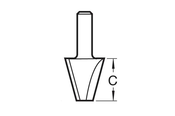 Diagram showing how to measure the length of the cutting edge on a bevel router cutter