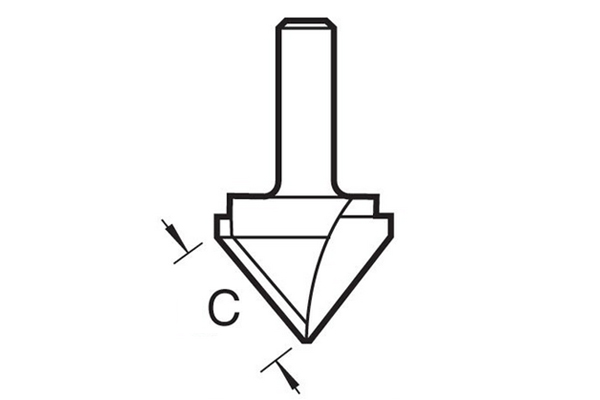 Diagram showing how to measure the length of the cutting edge on a V-groove router cutter