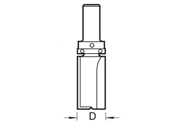 Diagram showing how to measure the diameter of trimming and profiling router cutters that do not have guides beneath their cutting edges