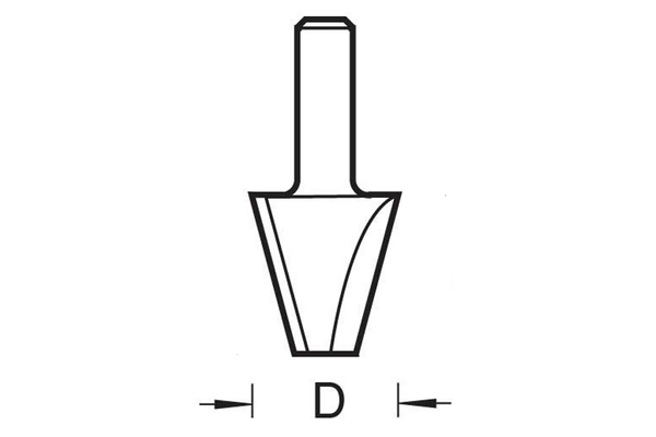 Diagram showing how to measure the diameter of a bevel router cutter without a guide