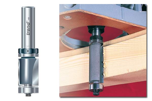 Image showing that a double-guided trimming router cutter can be used with the guide at either the top or the bottom of a workpiece