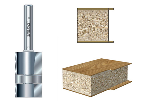 Diagram showing how a double trimming cutter can be used to make a workpiece with lippings on the top and bottom faces completely flush