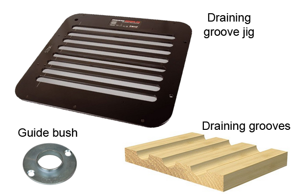 Draining grooves created by a radius router cutter with shank-mounted guide used in conjunction with a guide bush template