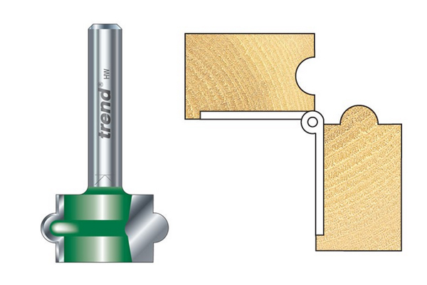 Staff bead jointer router cutter with an example of the profile of cut it can make