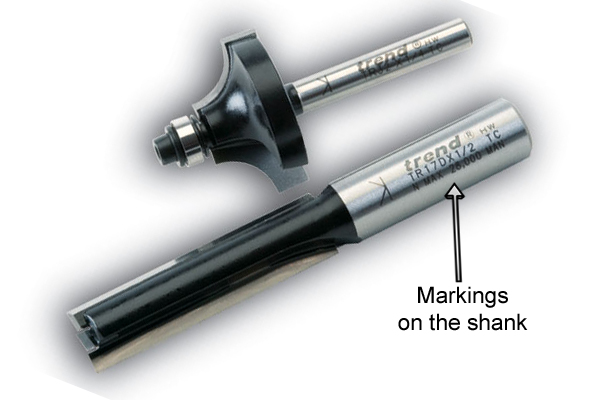 Router bit with their dimensions etched on the shank