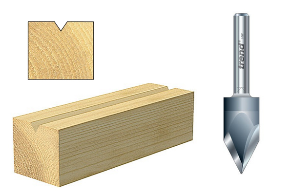 A veiner router cutter and an example of the shape of groove it creates