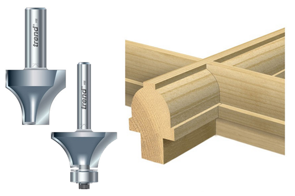 Examples of window router cutters and the shape they can create on a wooden edge