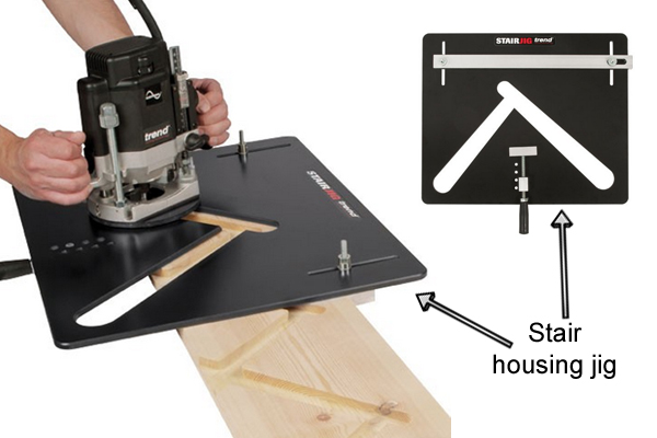 Bits for shaping a stair housing with a jig and hand-held routing machine