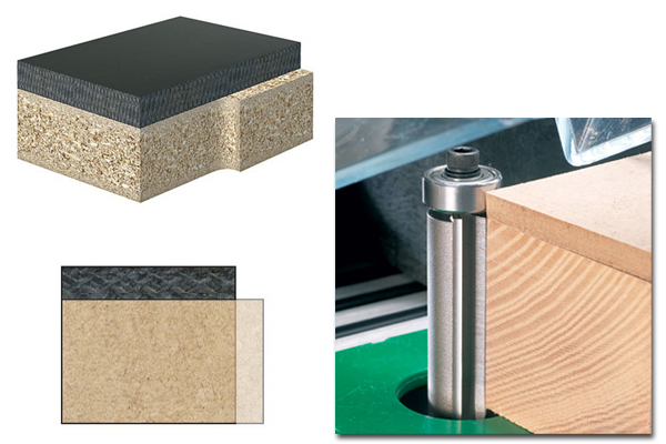 Image showing that a trimming router cutter with a bottom guide can be used in a router table to trim the base material on a workpiece so that it is flush with the rest of the material