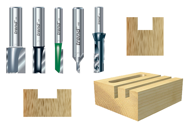 A selection of straight groove-forming router bits for woodwork