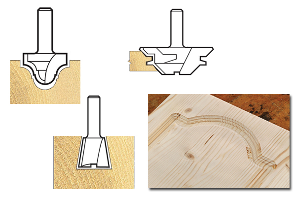 A selection of shaped groove-forming router bits