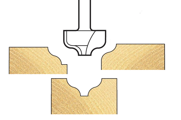 Diagram showing that one shaped bit can create different profiles on a wooden edge depending on the height at which it is used 