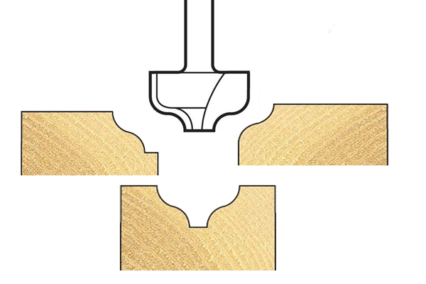 Diagram showing that one shaped bit can create different profiles on a wooden edge depending on the height at which it is used 