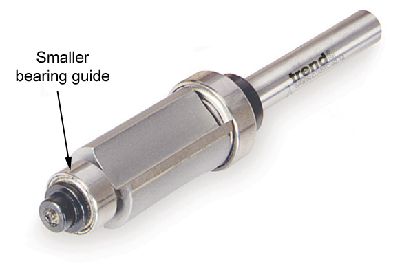 An example of a trimming and profiling router cutter with a smaller ball bearing guide