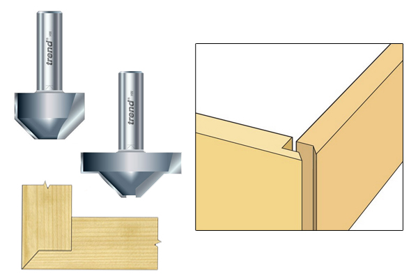 Mitre corner cutters and an example of the way they shape both sides of a lapped mitre joint