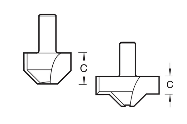 Diagram showing how to measure the length of the cutting edge on a mitre corner router cutter