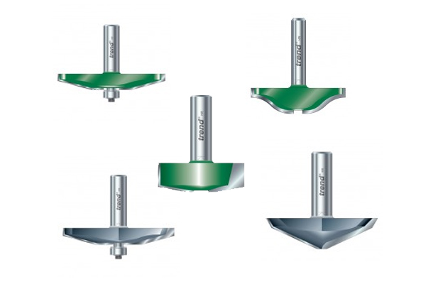 Horizontal raised panel router cutter profiles, some with guides