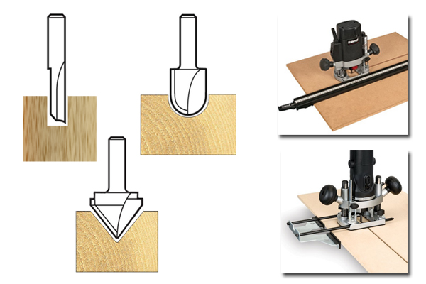 Examples of groove bits of different shapes for creating various groove forms in timber
