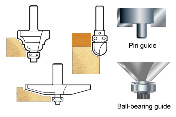 Examples of self-guided router bits in a selection of shapes 