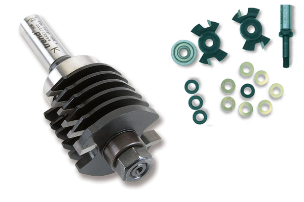 A grooving routing bit with shims and spacers