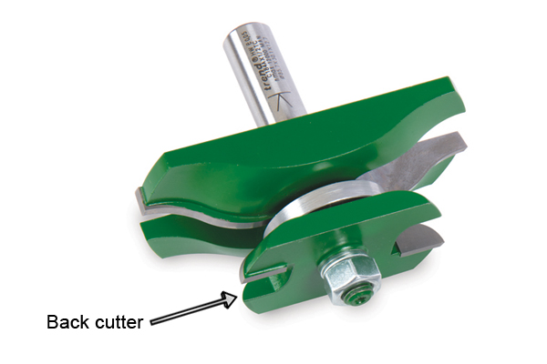 A horizontal raised panel router cutter with a back cutter