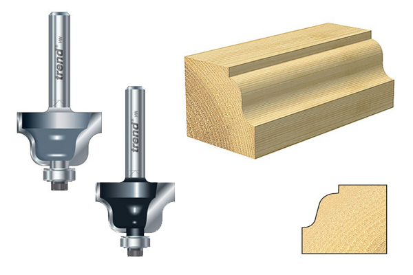 Roman ogee router cutters with an example of the shape they create on a wooden edge