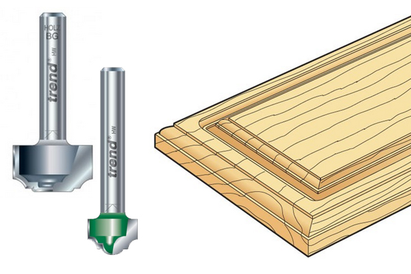 Examples of classic panel router cutters and the shape they cut into wood