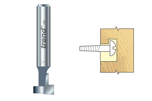 A router cutter used to create a slotted groove on the back of a picture frame so that it can be hung on a wall