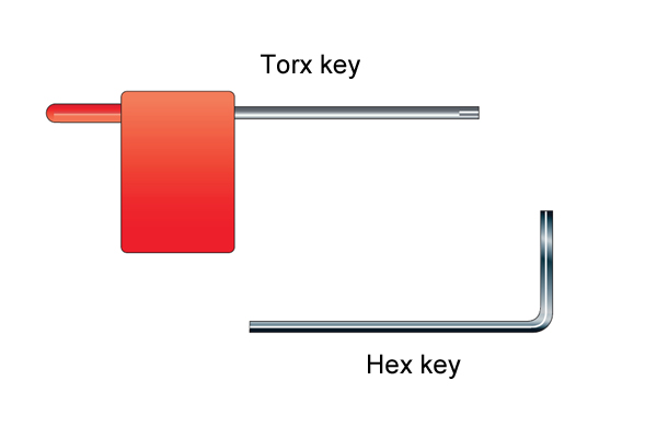 A Torx key and a hex key, for use with Rota-tip bits