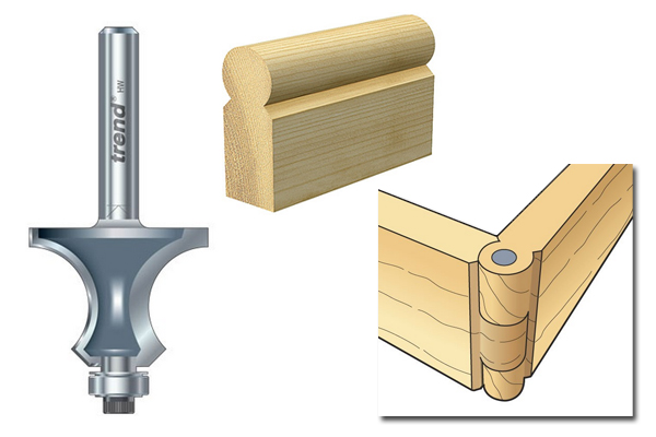 A knuckle joint cutter and an example of the shape it creates on a wooden edge