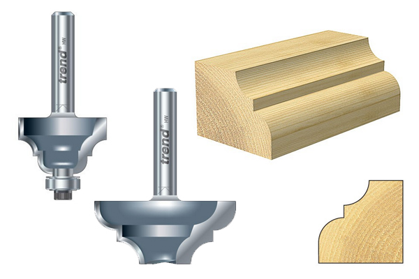 Classic ogee router cutters and an example of the shape they create on a wooden edge