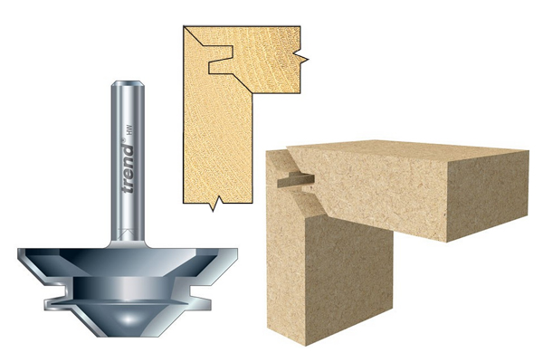 A mitre lock router cutter and an example of the shape of joint it creates