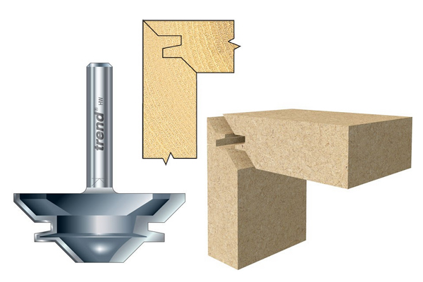 A mitre lock cutter with an example of the shape of joint it can create