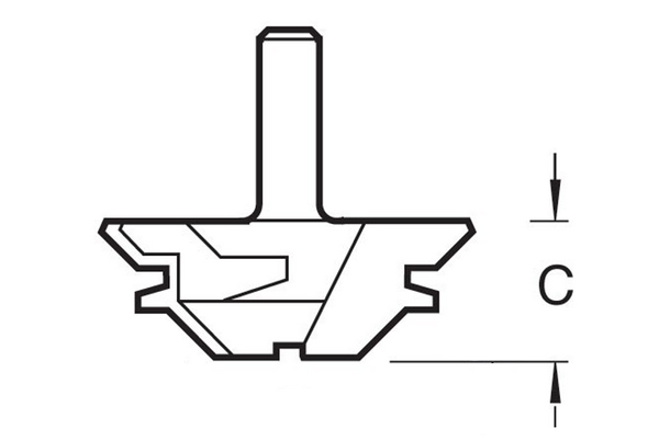 Diagram showing how to measure the length of the cutting edge on a mitre lock router cutter
