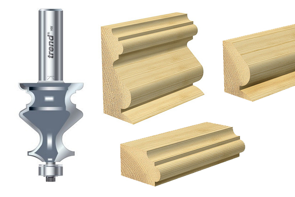 Multi-mould router cutters and examples of the shapes they can create on a wooden edge