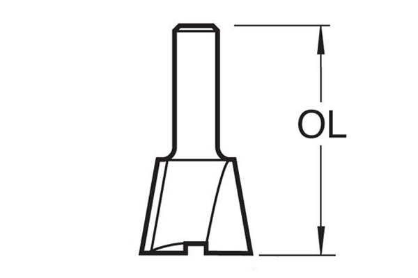 Diagram of how to measure the overall length of a dovetail router cutter