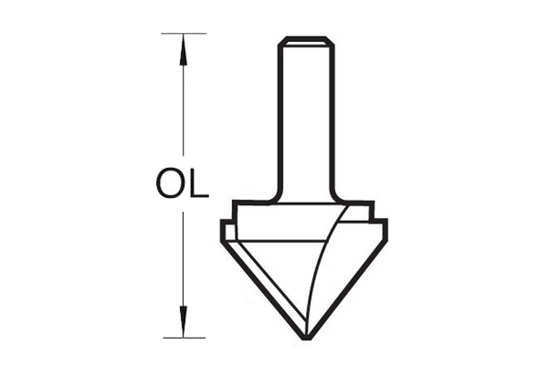 Diagram showing how to measure the overall length of a V-groove router cutter