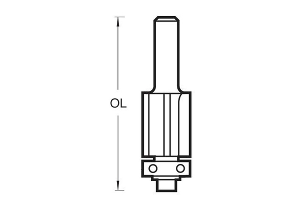 Diagram showing how to measure the overall length of trimming and profiling router cutters