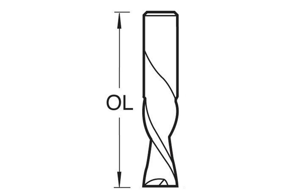 Diagram showing how to measure the overall length of a spiral router cutter