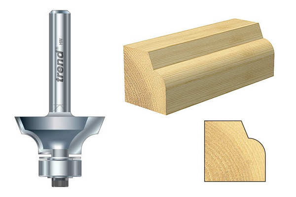 A plaque router cutter, shaped to create a curved edge and a bevelled edge