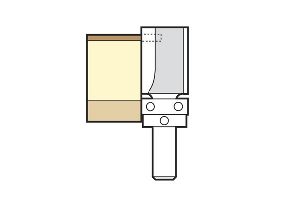 Image showing how a profiling router cutter guide follows the bottom level of the workpiece when used in a router table