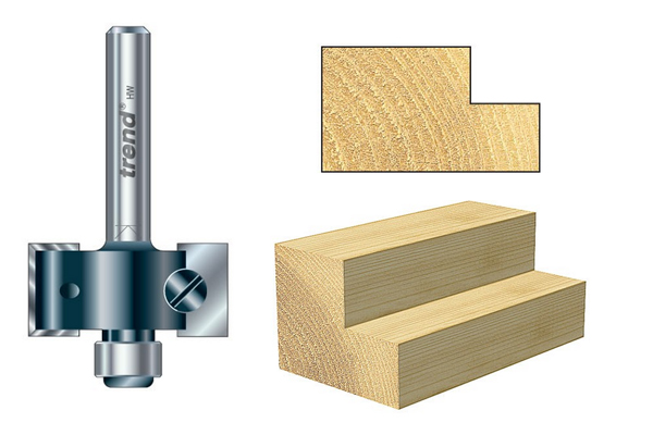 A rota-tip rebate bit with an example of the shape it creates on a workpiece