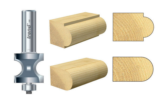 A staff bead router cutter and an example of the shape it creates on a wooden edge